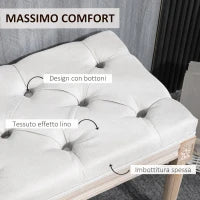 Panca Fondoletto Imbottita Stile Vintage in Tessuto e Gambe in Legno, 117x40x48 cm, Crema