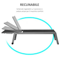 Lettino Sdraio Prendisole in Alluminio e Texteline | Schienale Regolabile, Nero e Grigio, 2 Ruote | 169 x 65 x 102cm