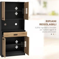Credenza Cucina in Legno con 2 Armadietti a 2 Ante e Cassetto, 80x40x180 cm, Nero e color Legno