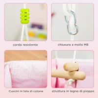 Seggiolino Altalena per Bambini in Tessuto e Legno con Cuscino, 40x40x180cm, Rosa
