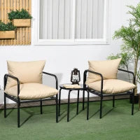 Set da Giardino a 3 Pezzi per 2 Persone con 2 Poltrone e 1 Tavolino Rotondo, Metallo, Nero e Beige