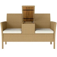 Panca da Giardino con Tavolino a Ribalta Portaoggetti, in Rattan e Acciaio, 134x58x82 cm, Crema e Cachi