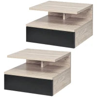 Set di 2 Comodini Sospesi Moderni con Cassetto e Mensola Superiore, 35x32x22.5cm, Rovere e Nero