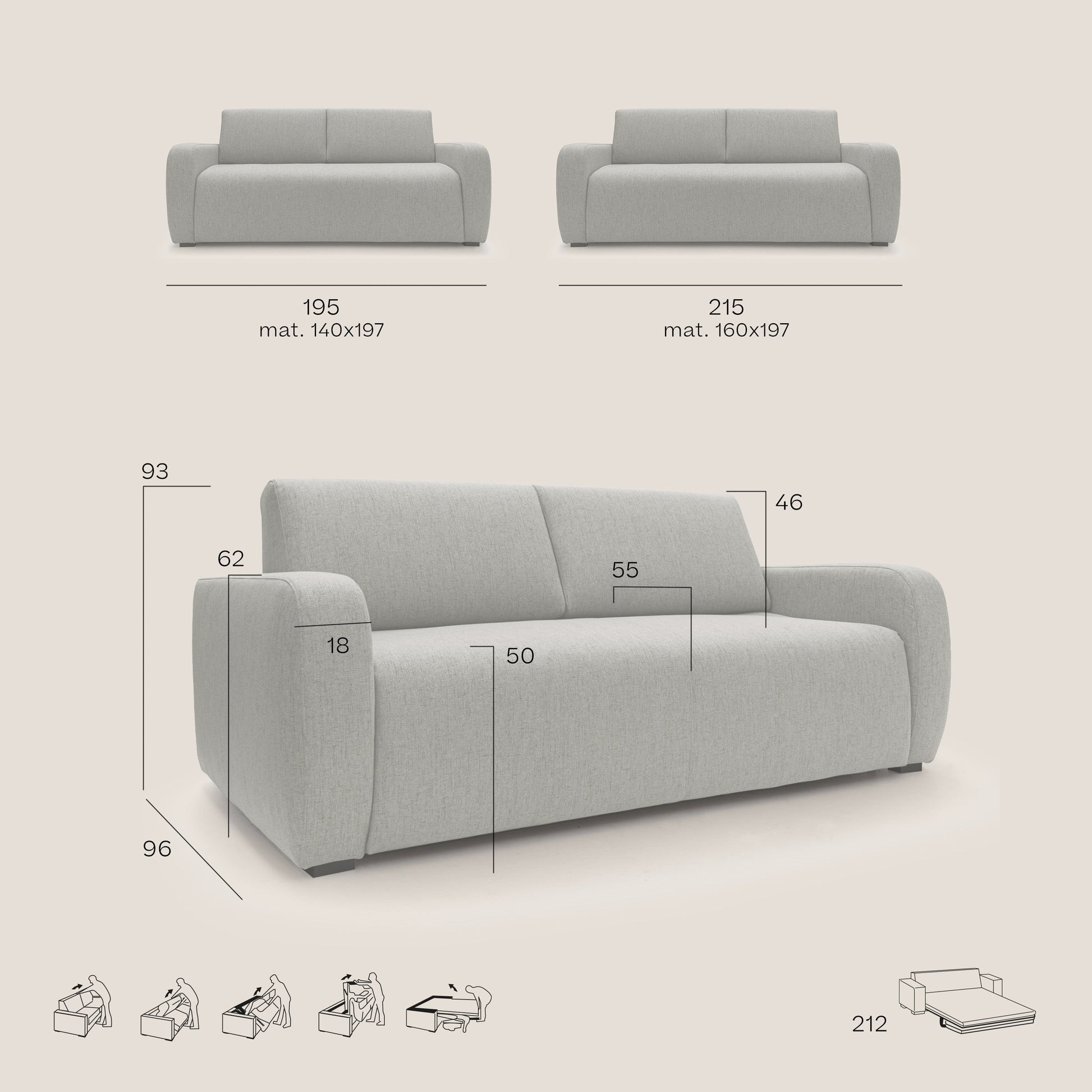 Divano Letto 3 Posti 215x93x100 cm in Tessuto Marrone