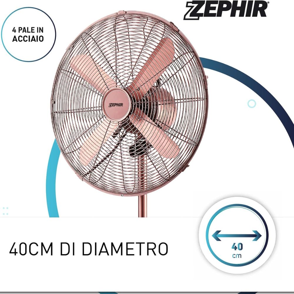 Ventilatore a piantana vintage zephir pfvf41br 40 cm 3 velocità e oscillazione