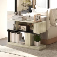 Tavolino a forma S, a 3 livelli con scaffali, 90 x 30 x 61 cm, Legno naturale e nero