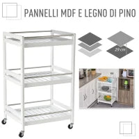 Carrello da Cucina Portavivande in Legno con 3 Ripiani e Ruote, 45x38x78cm, Bianco
