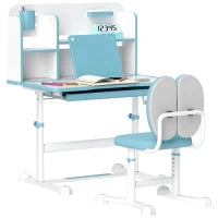 Set Scrivania e Sedia per Bambini Regolabili, Banco Scuola con Piano Inclinabile, Cassetto, Scaffale, Blu