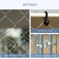 Kennel per Cani in Metallo Galvanizzato con Tettuccio in Tessuto Oxford e Porta con Blocco, 400x230x232cm, Argento