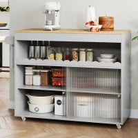 Carrello da cucina pieghevole con porte scorrevoli in vetro temperato, ripiani regolabili e portasalviette, 122x46x91 cm, Grigio