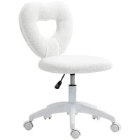 Sedia da Ufficio Imbottita con Schienale a Cuore e Rotelle, in Velluto Teddy e Plastica, 45x56x78-88 cm, Bianco