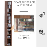 Scaffale Porta CD a 12 Ripiani per 204 CD, Libreria Porta CD, Videogames, Blu-ray in MDF e Truciolato, 21x20x175 cm, Marrone