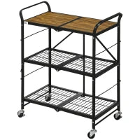 Carrello da cucina dal design industriale, con 3 ripiani, carrello multiuso, carrello da servizio, 4 ruote, pieghevole, Marrone + Nero