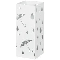 Portaombrelli in Metallo con 4 Ganci e Vaschetta Raccogligocce, 15.5x15.5x41cm, Bianco