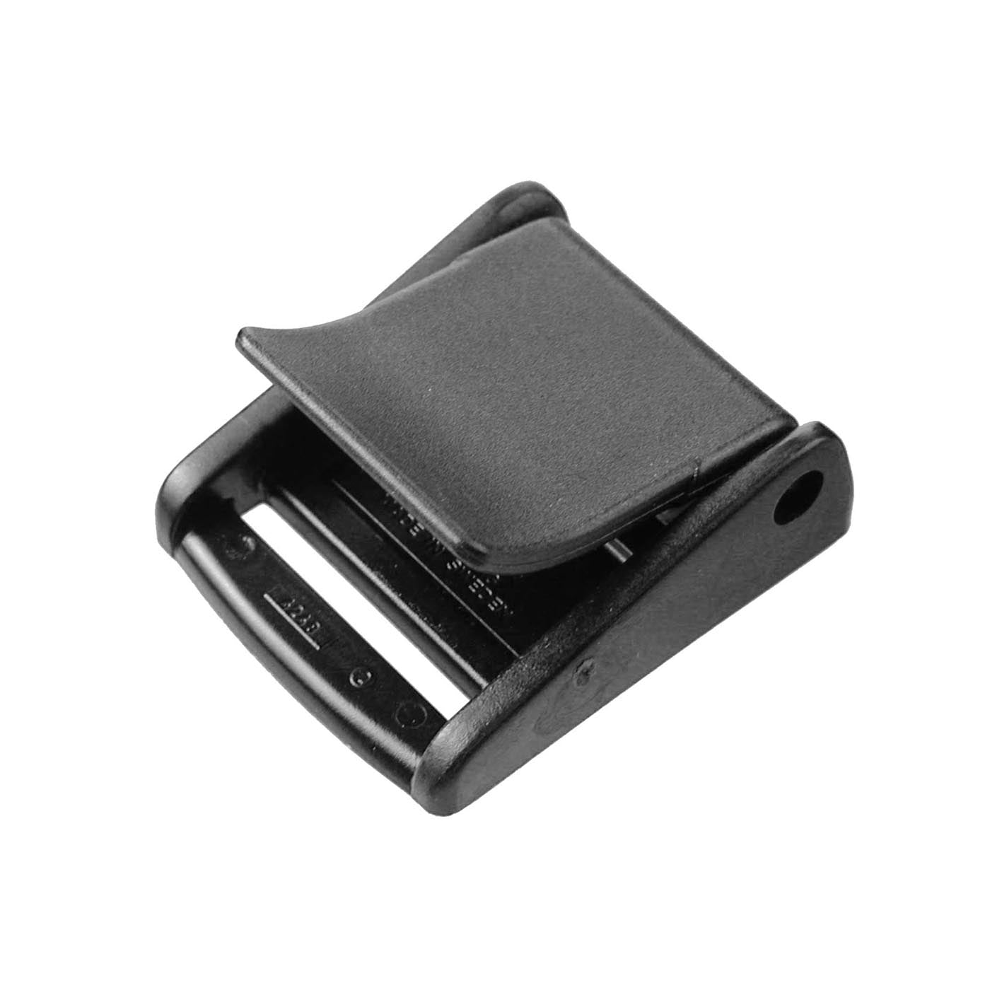 Fermo di bloccaggio in nylon nero per cinghie da 40 mm.