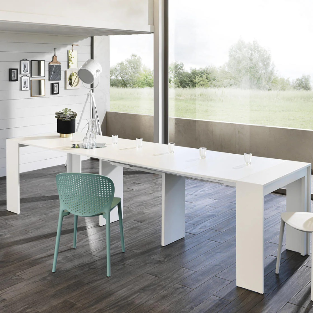 Consolle allungabile salvaspazio bianca Nivara 42,5-302,5x90 cm fino a 12 posti | Duzzle
