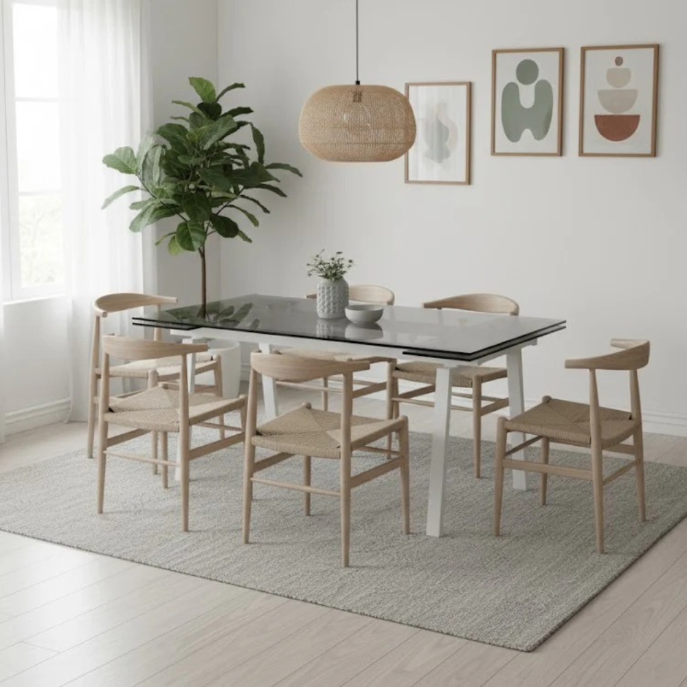 Tavolo da pranzo allungabile in vetro temperato con gambe bianche Jackson 140-200x80 cm fino a 8 posti | Duzzle