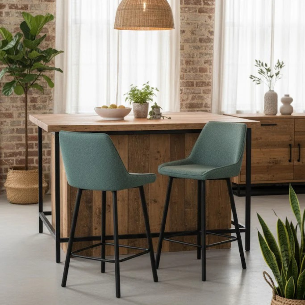 Fynn, Set di 2 Sgabelli in tessuto Acquamarina (50cm X 44cm H. 94cm)