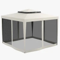 Gazebo da Giardino 3x3 m con Zanzariera, Doppio Tetto e 8 Fori, in Acciaio e Poliestere Bianco Crema