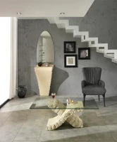 E-STYLO Tavolino moderno con base in pietra fossile e piano in vetro temperato, un pezzo d'arredo elegante e di grande impatto visivo, perfetto per completare soggiorni e salotti dallo stile contemporaneo o naturale, 70cm X 120cm H. 40cm