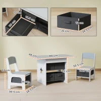 Set Tavolo e Sedie per Bambini 3-8 Anni con 6 Cassetti e Bordi Arrotondati, in Legno e Tessuto, Grigio e Bianco