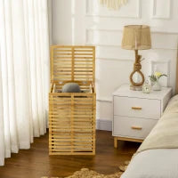 Cesto Portabiancheria in Bambù con Coperchio e Sacca in Poliestere Removibile e Lavabile, 44x37x62.5 cm, color Legno