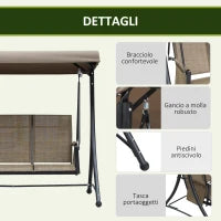 Dondolo da Giardino a 3 Posti con Tettuccio Regolabile e Tasche Portaoggetti Marrone 196x128x172cm