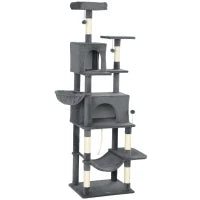 Albero Tiragraffi per Gatti Alto 202 cm con 6 Pali in Sisal, 2 Casette, 2 Amache e Lettino, Grigio