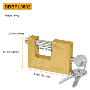 Lucchetto rettangolare ottone massiccio cilindro acciaio 3 chiavi sicurezza *** lunghezza 80 mm, confezione 1