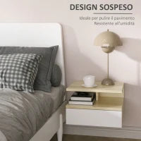 Set da 2 Comodini Sospesi con Cassetto e Ripiano Superiore, in Legno, 35x32x22.5 cm, Bianco e Rovere