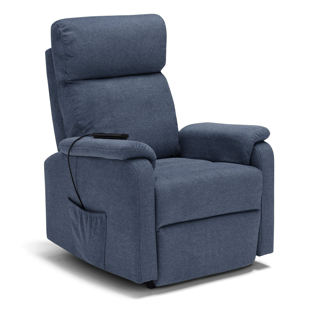 Poltrona relax elettrica Denver per anziani, 2 motori, 2 ruote, reclinazione e alzapersona, Kit batteria, sponde estraibili, doppia pediera estensibile, colore Blu