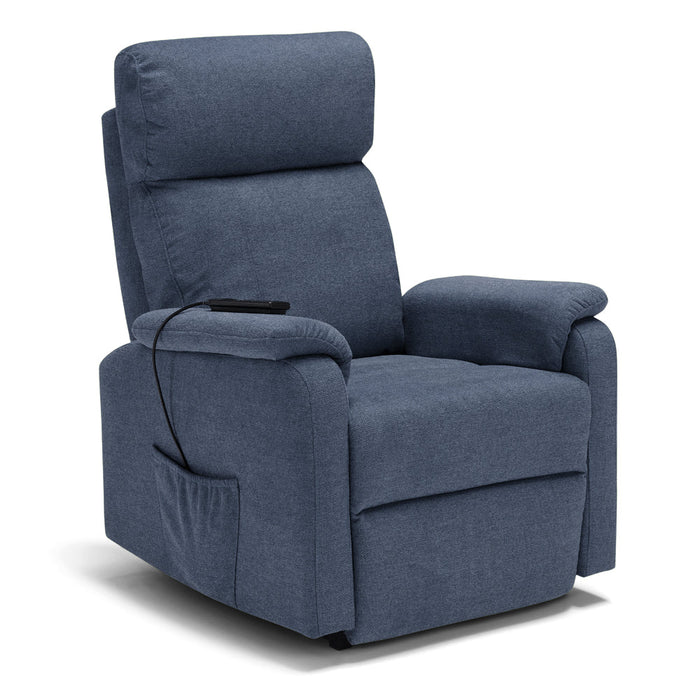 Poltrona relax elettrica Denver per anziani, 2 motori, 2 ruote, reclinazione e alzapersona, Kit batteria, sponde estraibili, doppia pediera estensibile, colore Blu