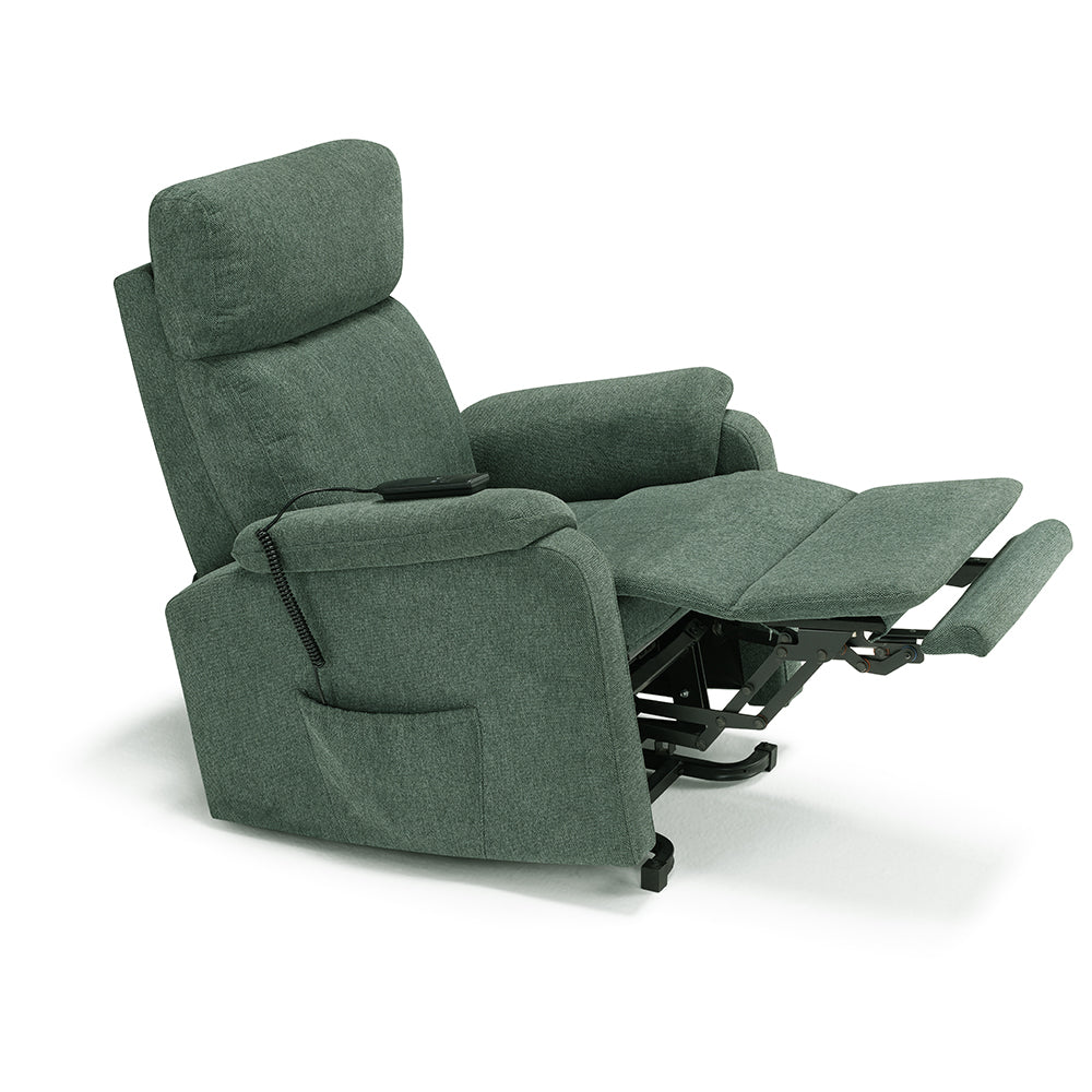 Poltrona relax elettrica Denver per anziani, 2 motori, 2 ruote, reclinazione e alzapersona, sponde estraibili, doppia pediera estensibile, colore Verde
