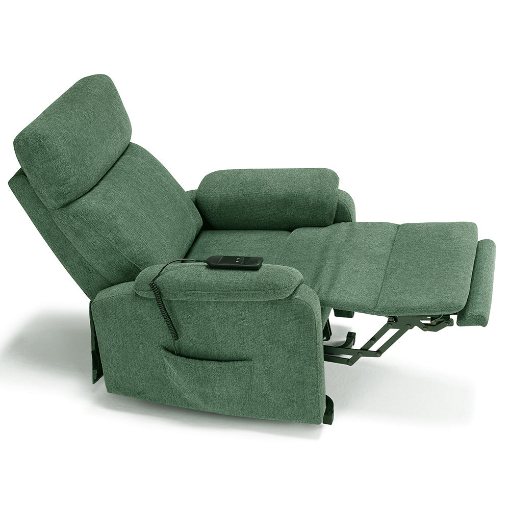 Poltrona relax elettrica Denver per anziani, 2 motori, 2 ruote, reclinazione e alzapersona, sponde estraibili, doppia pediera estensibile, colore Verde