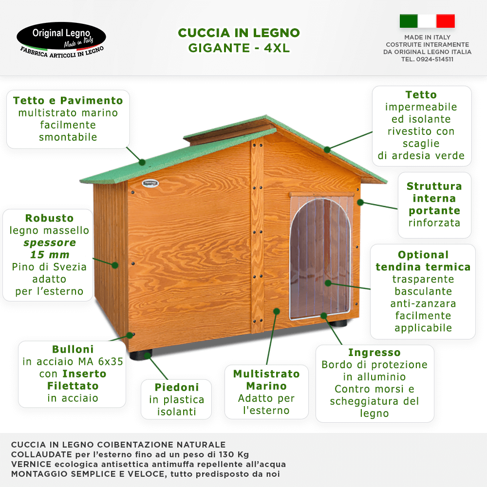 CUCCIA IN LEGNO DA ESTERNO MODELLO 4XL GIGANTE E PENSILINA CON "TENDINA OMAGGIO" L.150 x P.18' x H.115