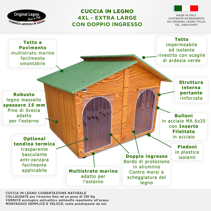 CUCCIA IN LEGNO DA ESTERNO MODELLO 4XL GIGANTE E PENSILINA CON DUE INGRESSI SENZA SEPARÈ E "TENDINE OMAGGIO" L.150 x P.180 X H.115