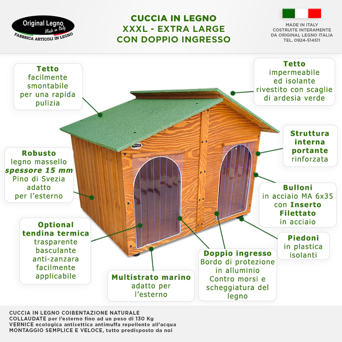 CUCCIA IN LEGNO DA ESTERNO MODELLO 4XL GIGANTE E DAVANZALE CON DUE INGRESSI SENZA SEPARÈ E "TENDINE OMAGGIO" L.150 x P.190 X H.115