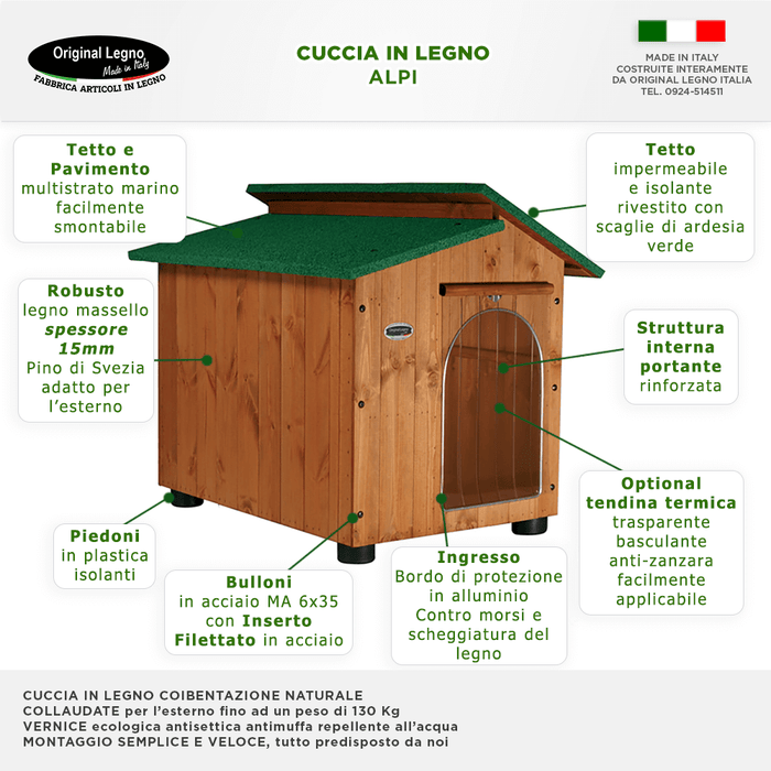 CUCCIA IN LEGNO PER CANI DA ESTERNO MODELLO ALPI CON PENSILINA E DAVANZALE E-ALANO CON "TENDINA OMAGGIO" L.115 x P.190 x H.108
