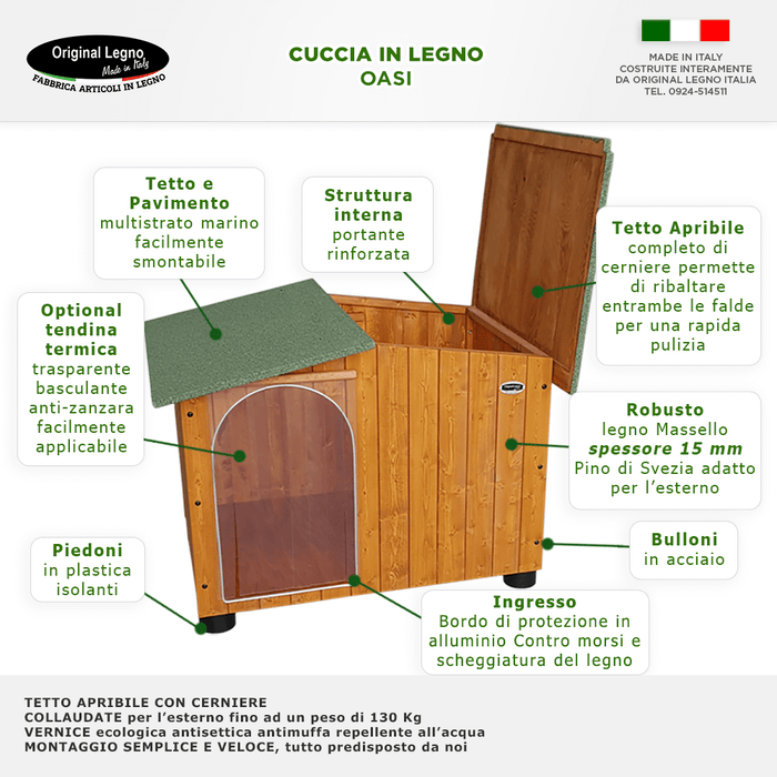 CUCCIA IN LEGNO DA ESTERNO MODELLO OASI D-PASTORE CON "TENDINA OMAGGIO" L.102 x P.80 x H.80