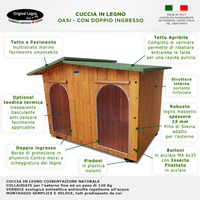 CUCCIA IN LEGNO PER CANI DA ESTERNO OASI CON DUE INGRESSI E VERANDA SENZA SEPARÈ CON 2 "TENDINE OMAGGIO" L.119 x P.153 x H.87