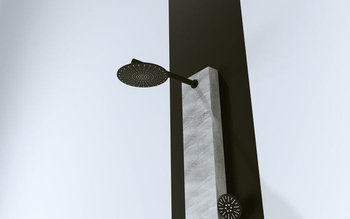 Pannello doccia effetto petra grigio rubinetteria nera idromassaggio frontale e pioggia con doccino e flessibile incluso