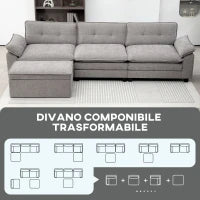 Divano Angolare Modulare con Chaise Longue, Pouf Contenitore e Rivestimento in Ciniglia, Grigio