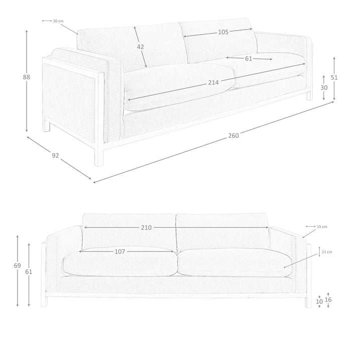 Divano a 3 posti in tessuto 260 x 92 x 88 cm colore marrone