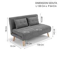Divano pronto letto modello GENOVA, 2 cuscini, massima imbottitura, piedi di legno, design adatto per ambienti classici e moderni, colore Grigio