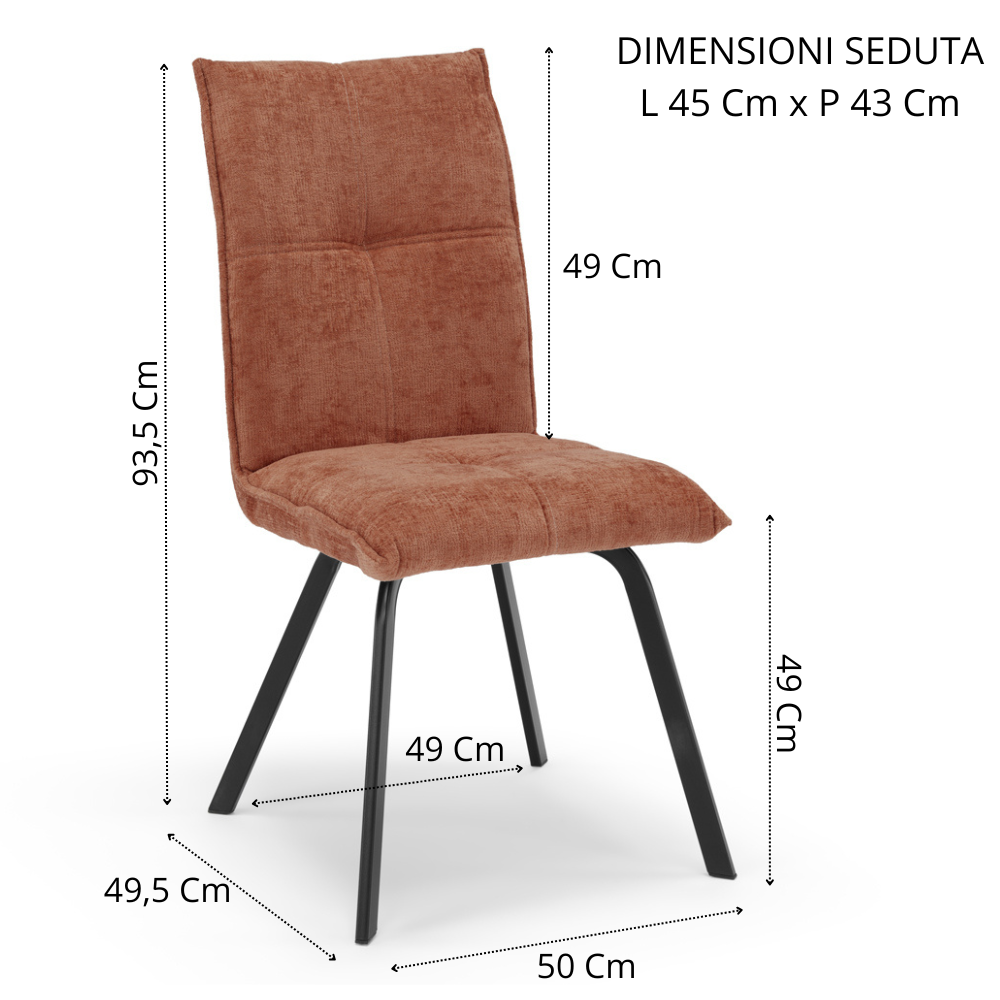 Sedia imbottita per sala da pranzo LETIZIA, design moderno, gambe robuste in metallo, rivestimento in tessuto spesso e idrorepellente effetto tridimensionale, colore Terra