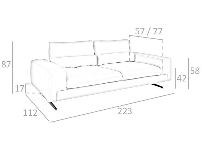 Divano a 3 posti in pelle e gambe in acciaio nero