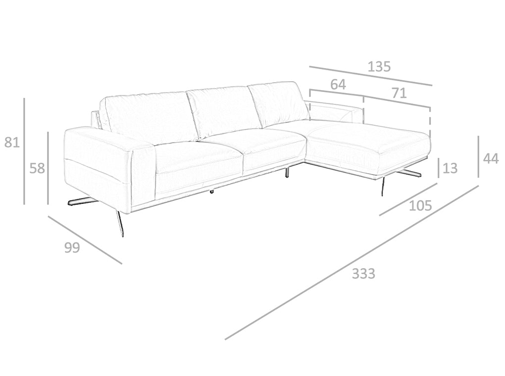 Divano chaise longue diritto in pelle sabbia e acciaio