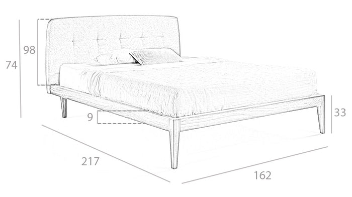 Letto imbottito in tessuto con struttura in legno di noce