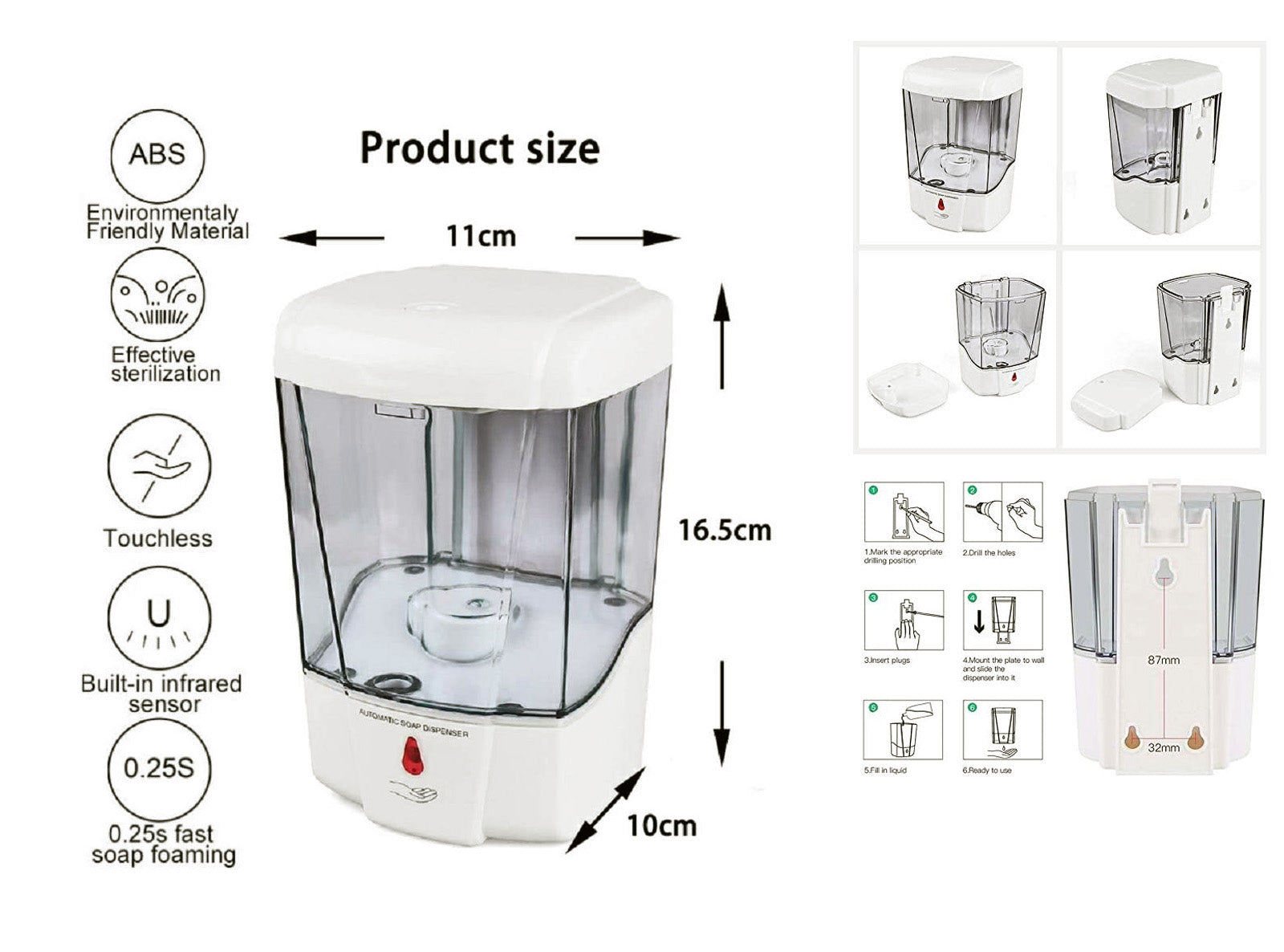 Dispenser Sapone Gel Disinfettante Automatico 700ml Regolabile a Batteria Touchless a parete casa ufficio ingresso Sanificazione mani Automatico a Batteria