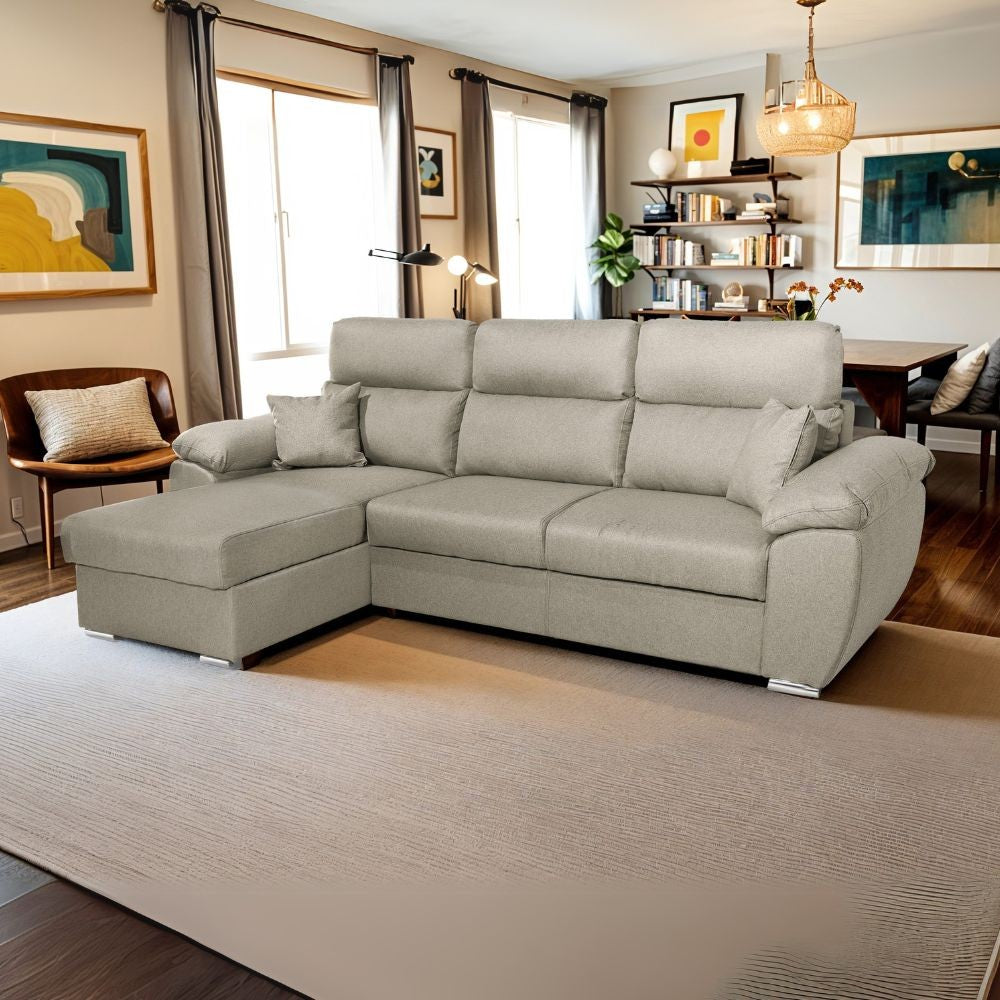 Divano Como II con penisola contenitore in tessuto Orinoco 24 tortora